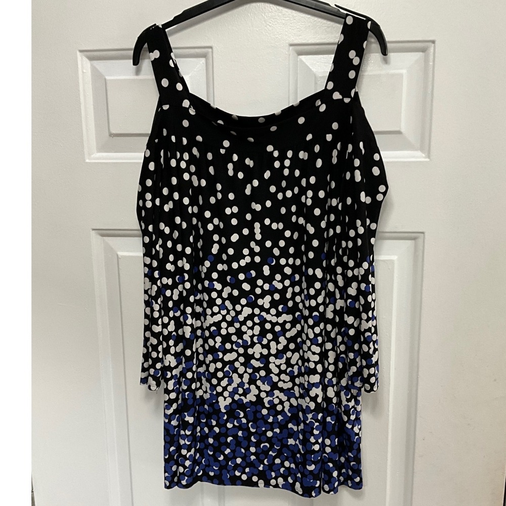 Avenue Womens Black Blue Polka Dot Cold Shoulder Blouse Top Size 18/20